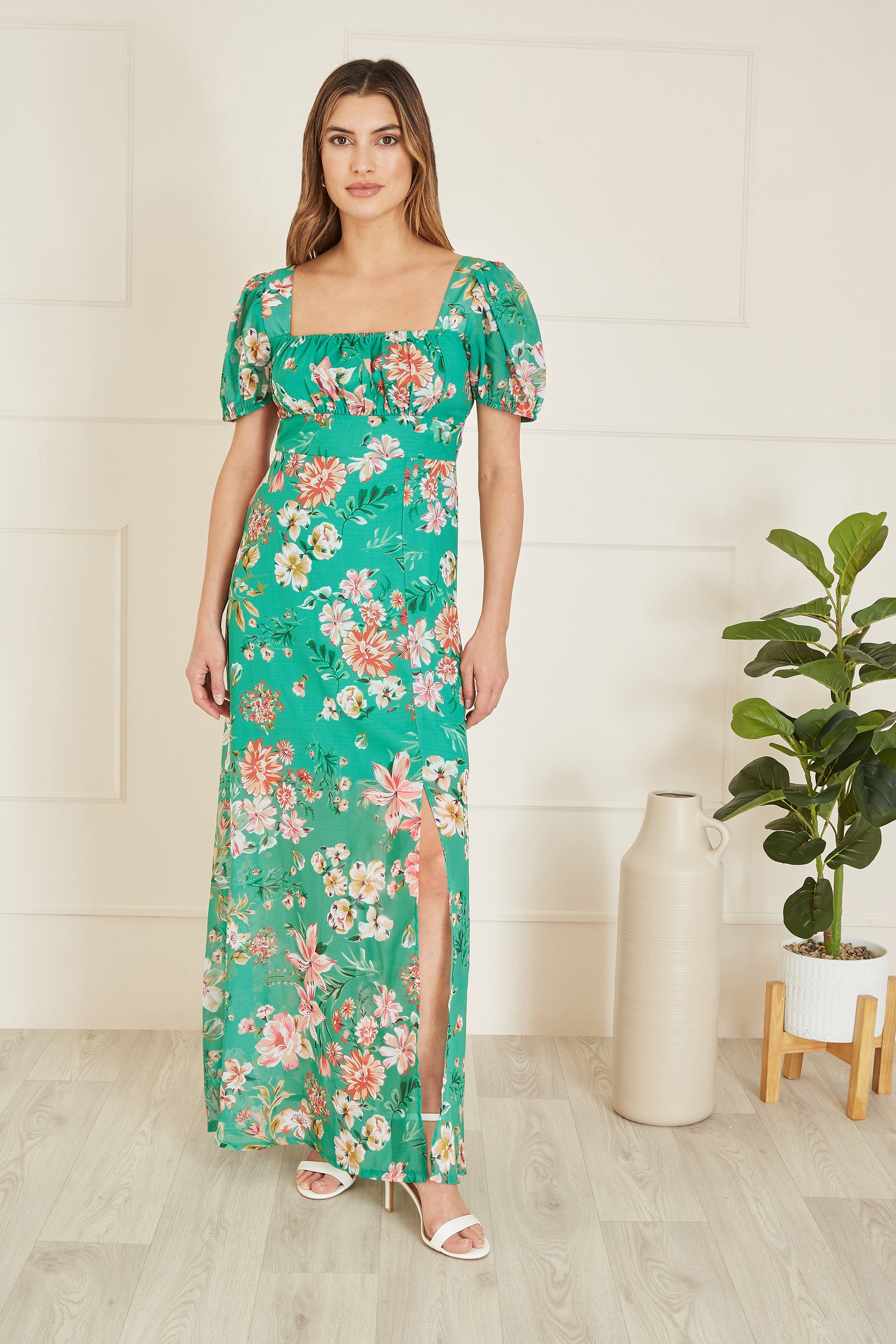 Yumi Green Recycled Floral Print Square Neck Maxi Dress With Split Hemline