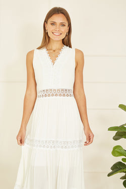 Yumi White Lace Trim Cotton Midi Sun Dress
