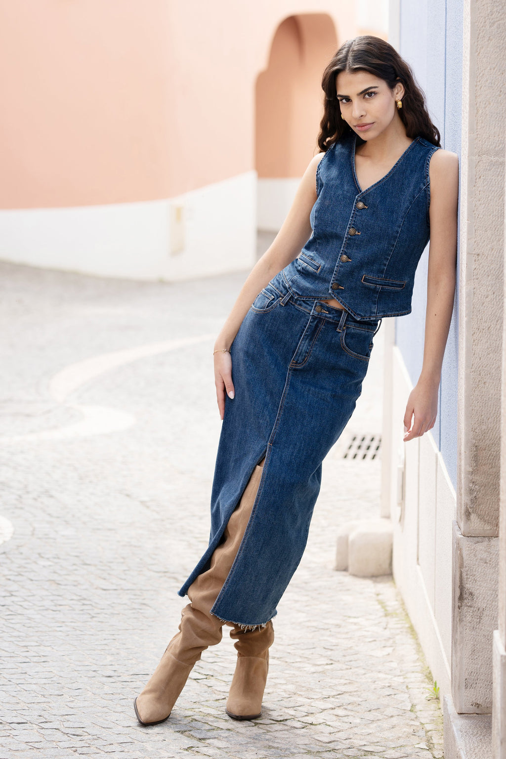 Yumi Blue Denim Stretch Waistcoat