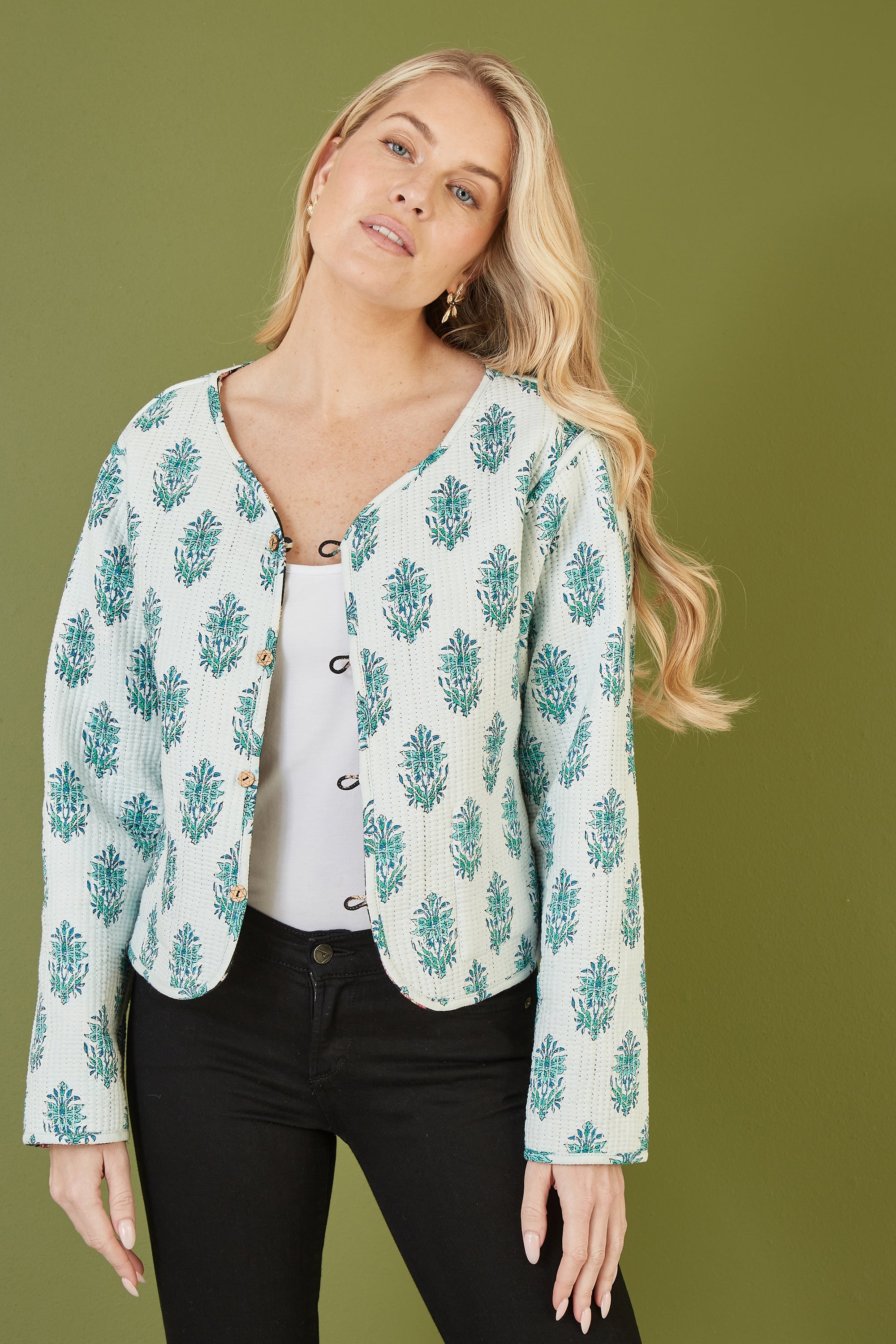 Yumi Black Floral Print Reversible Cotton Cropped Quilted Jacket