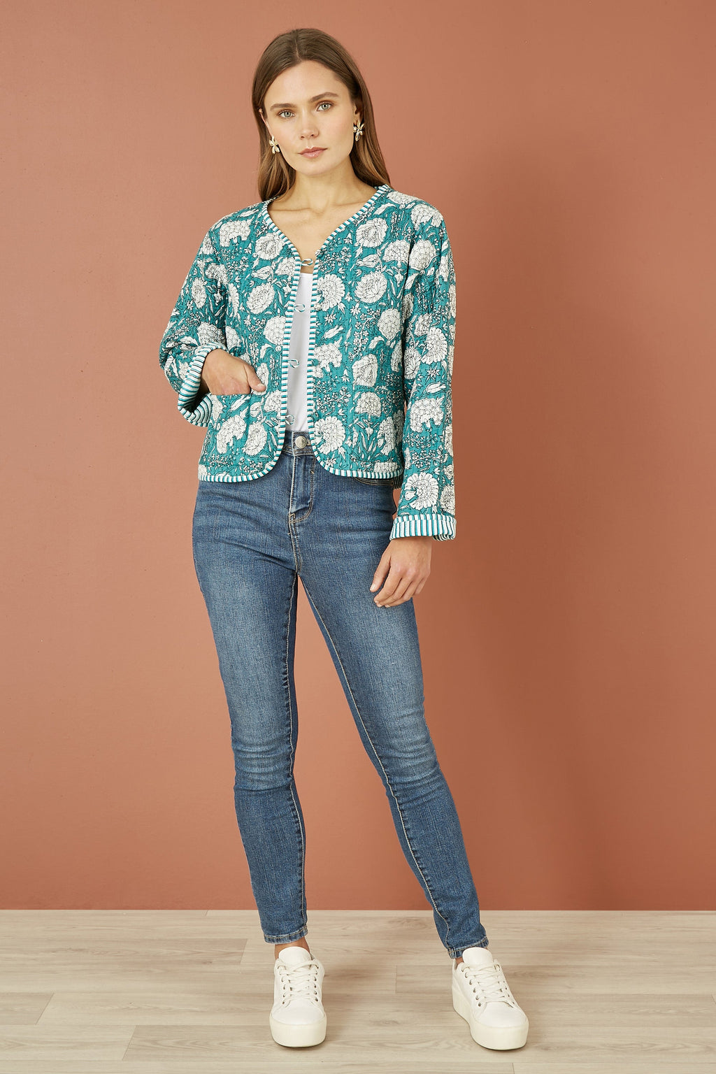 Yumi Green Patchwork Print Reversible Cotton Quilted Jacket