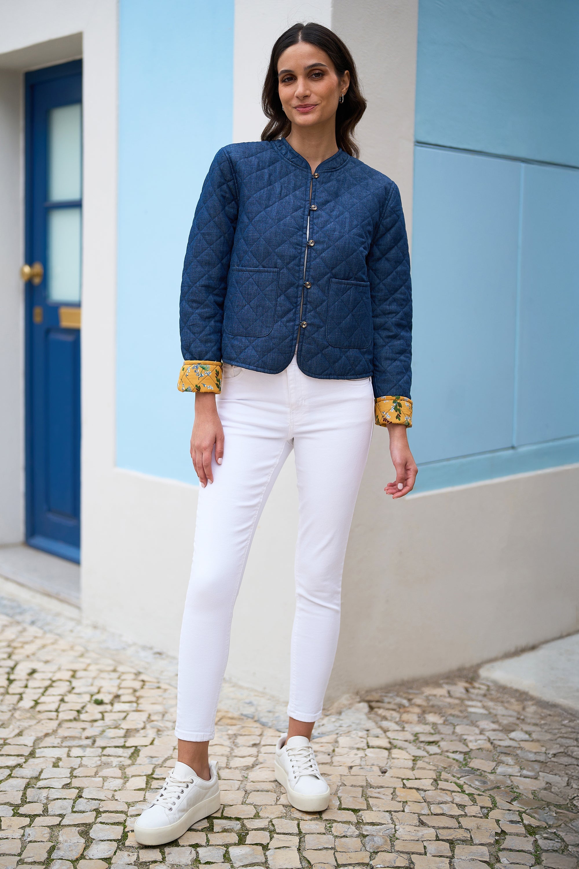Yumi Blue Chambray Quilted Jacket With Reversible Floral Lining