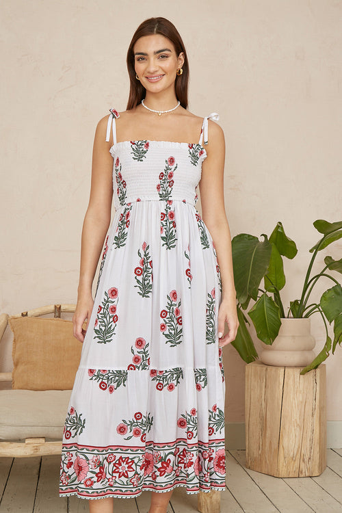 Yumi White Floral Printed Smocked Midi Dress