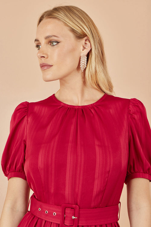 Yumi Red Satin Striped Midi Dress With Pleats and Matching Belt
