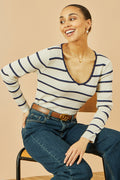Yumi White Metallic Stripe Knitted Ribbed Top