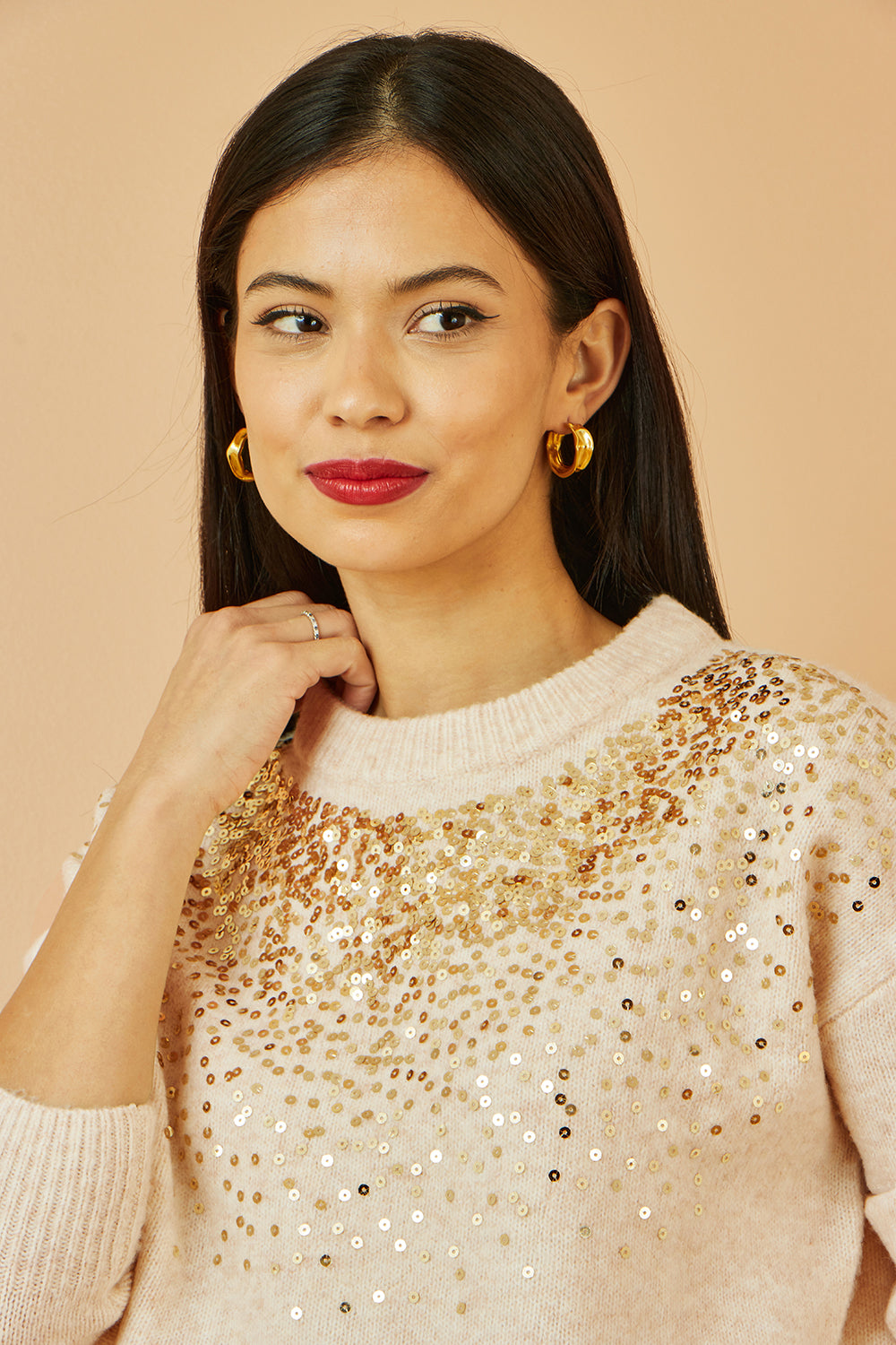 Yumi Oatmeal Relaxed Knitted Jumper With Scattered Sequin Neckline