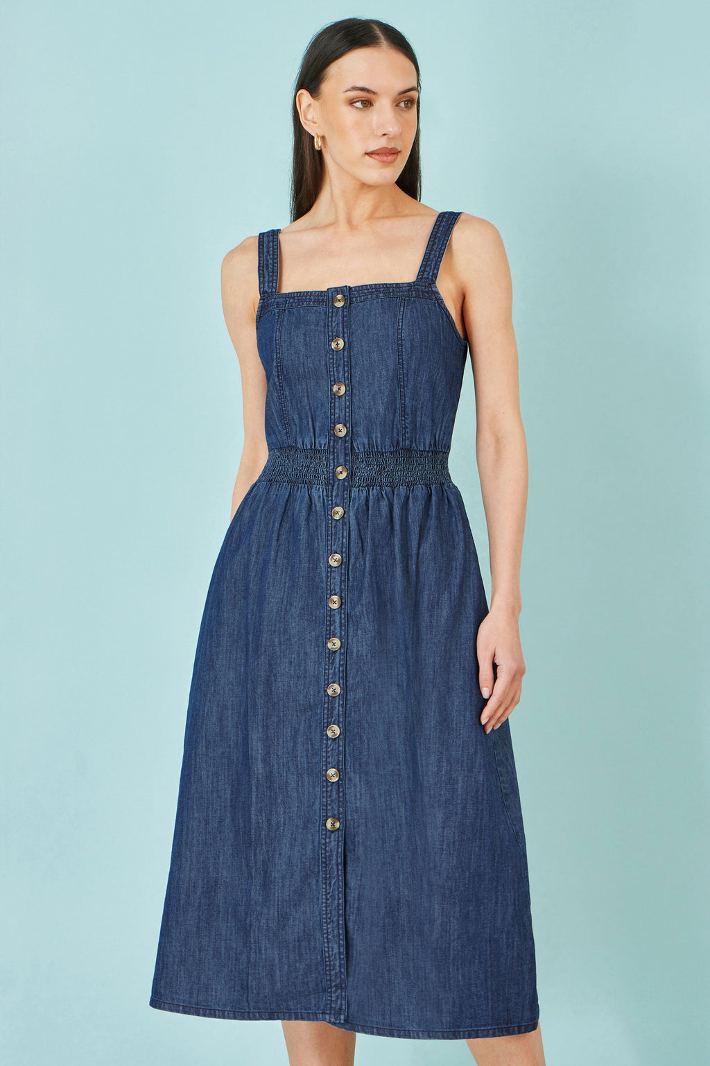 Yumi Blue Chambray Cotton Ruched Midi Sun Dress