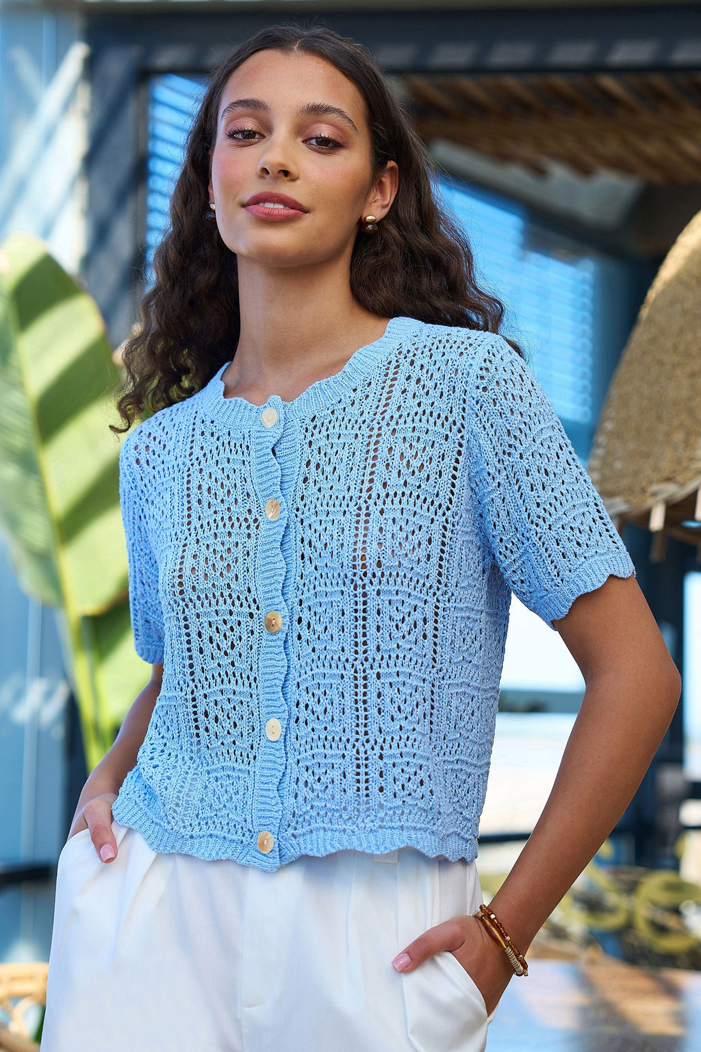 Yumi Blue Crochet Short Sleeve Cardigan