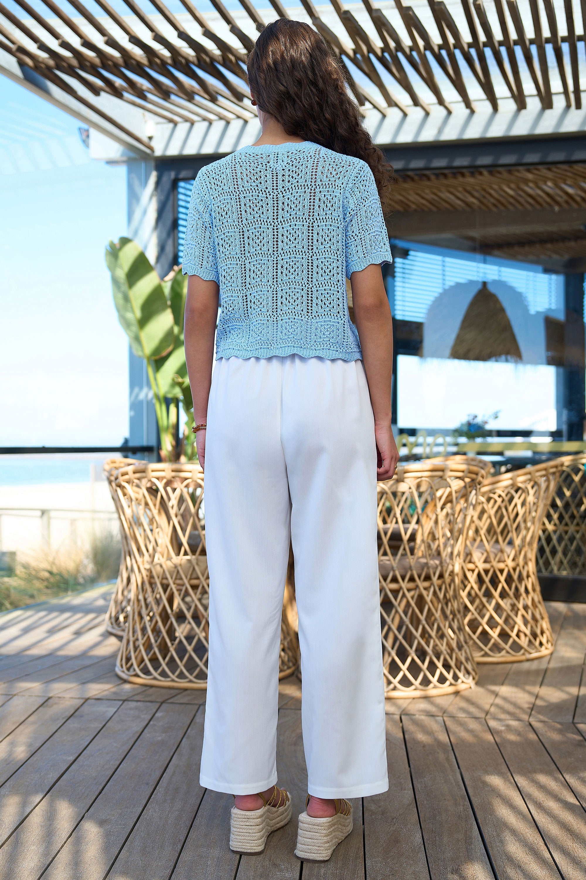 Yumi Blue Crochet Short Sleeve Cardigan