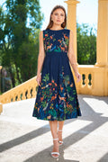 Yumi Navy Woodland Animal Print Cotton Midi Skater Dress