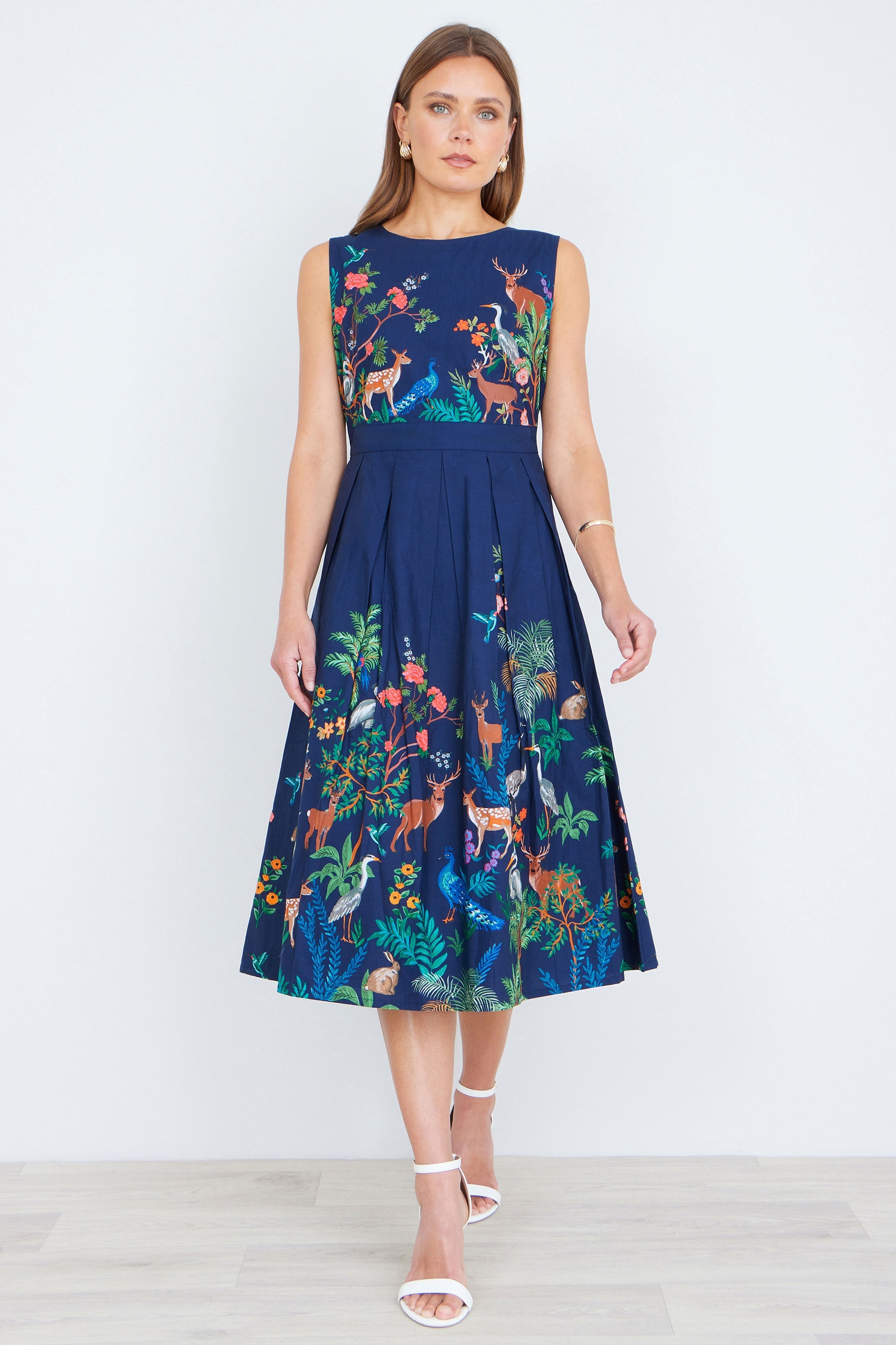 Yumi Navy Woodland Animal Print Cotton Midi Skater Dress