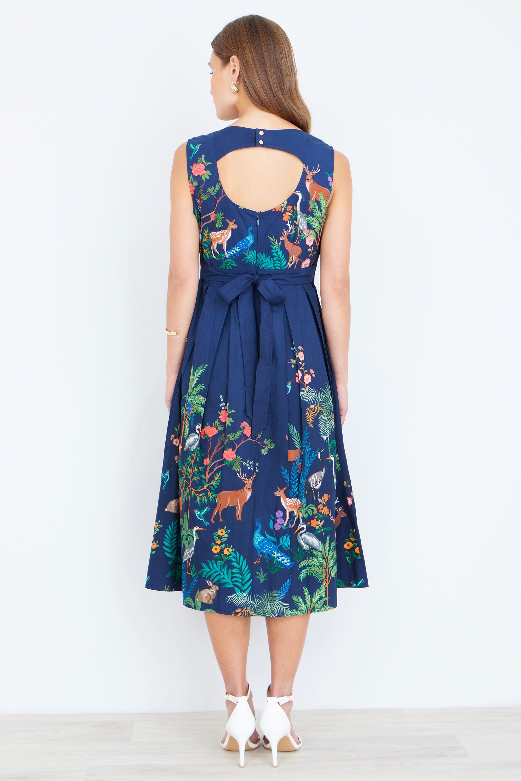 Yumi Navy Woodland Animal Print Cotton Midi Skater Dress