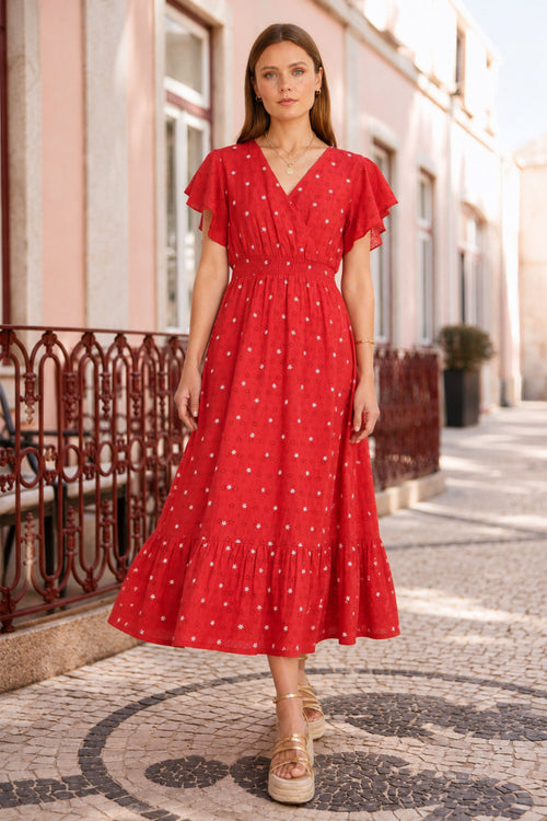 Yumi Red Broderie Anglaise Wrap Midi Dress With Flower Embroidery