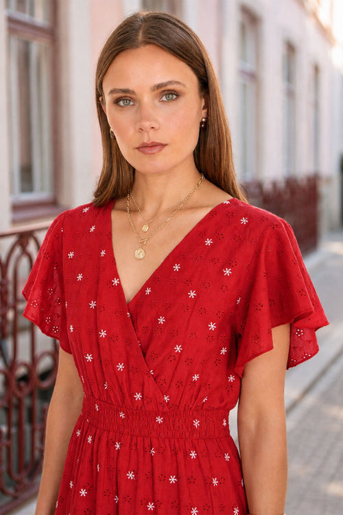 Yumi Red Broderie Anglaise Wrap Midi Dress With Flower Embroidery