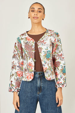 Yumi White Peacock Print Reversible Cotton Quilted Jacket