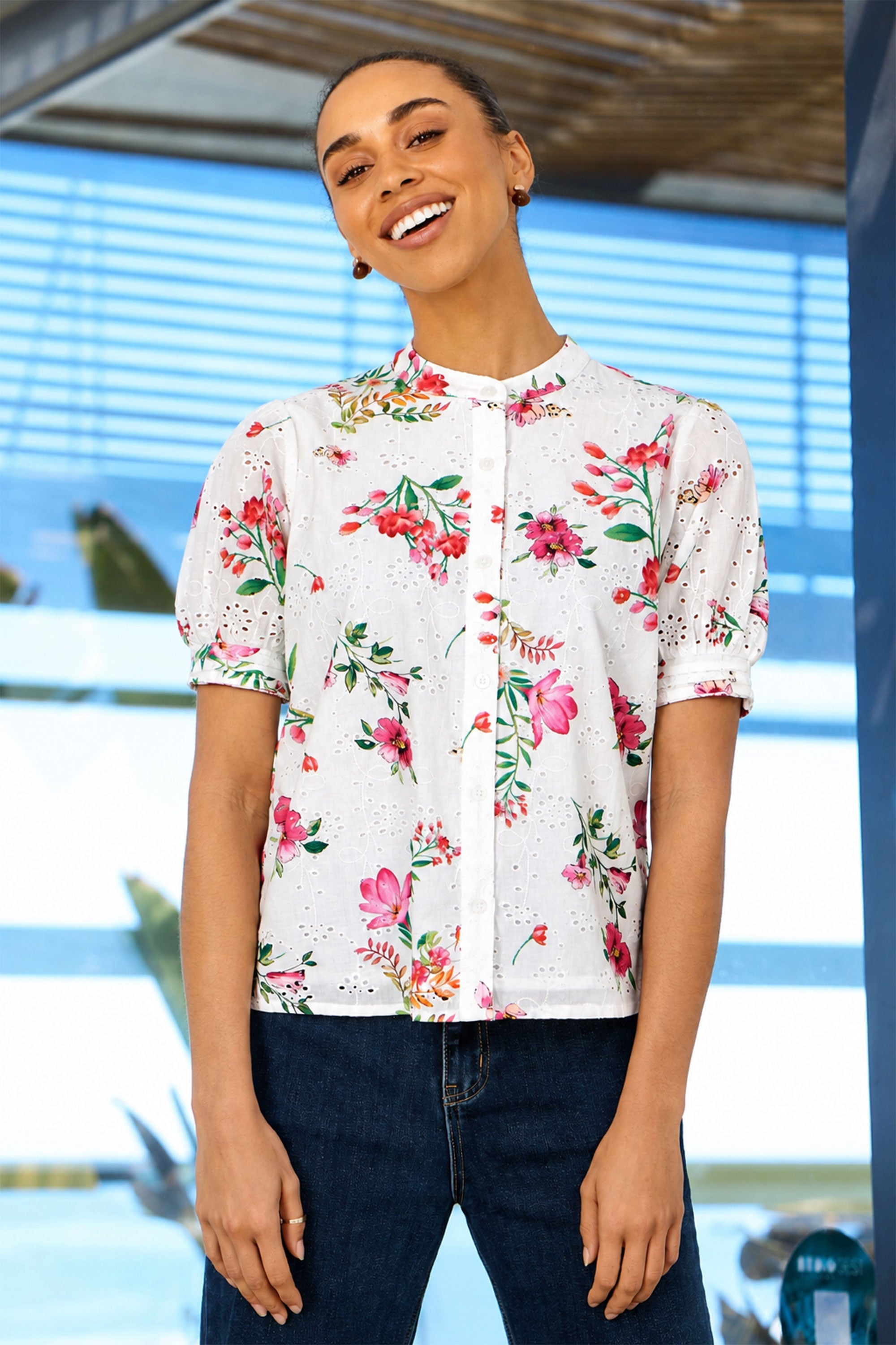 Yumi White Cotton Broderie Anglaise Floral Shirt