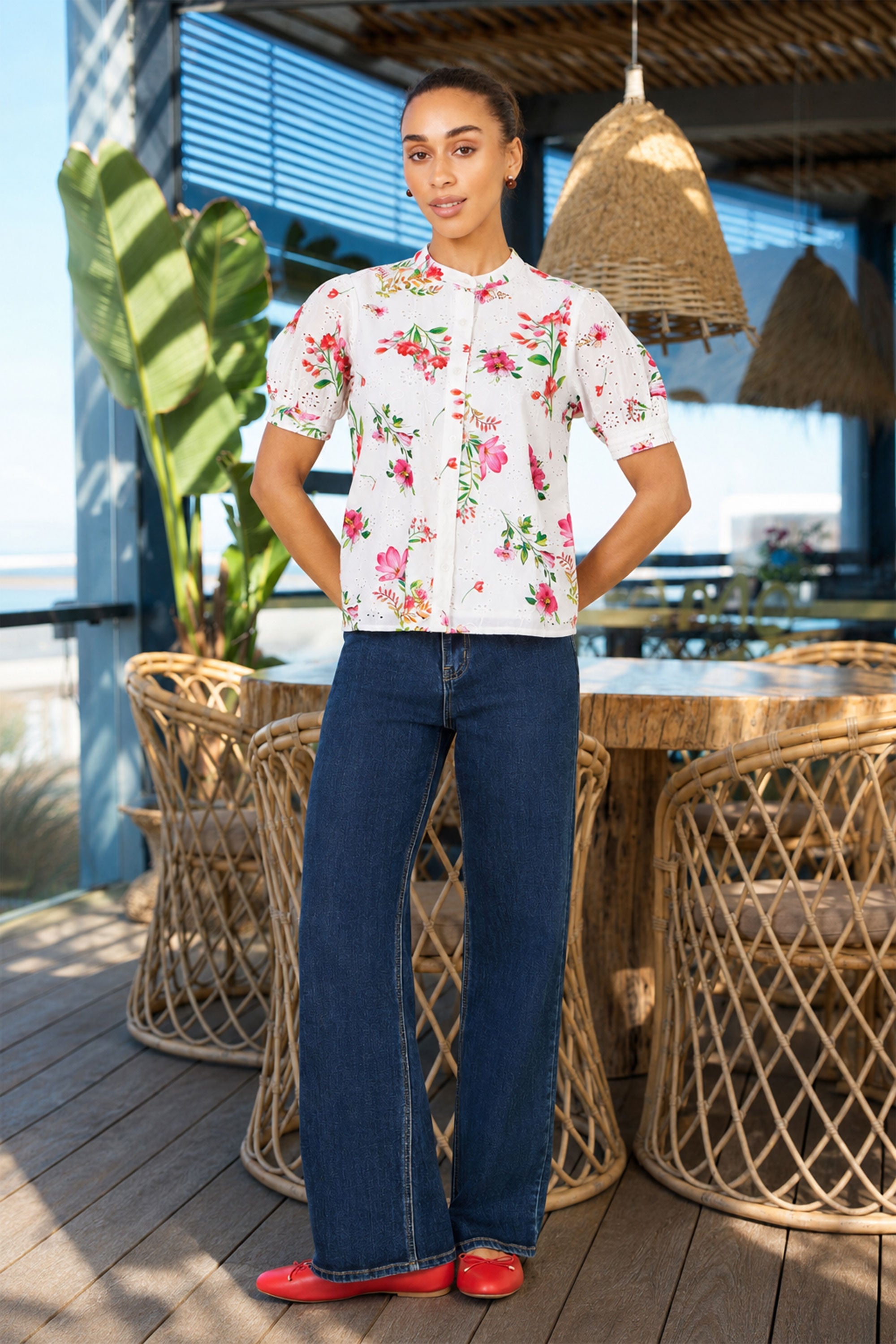 Yumi White Cotton Broderie Anglaise Floral Shirt