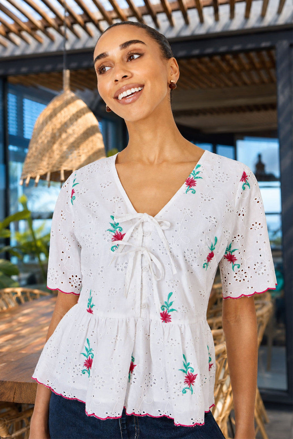 Yumi White Cotton Broderie Anglaise Embroidered Tie Top