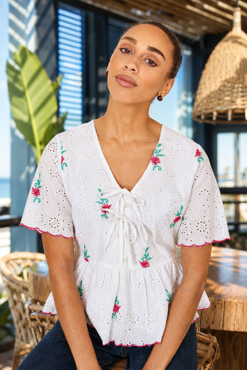 Yumi White Cotton Broderie Anglaise Embroidered Tie Top