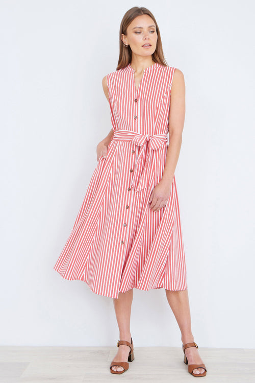 Yumi Red Stripe Midi Sleeveless Shirt Dress