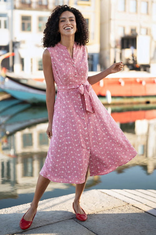 Yumi Red Broderie Anglaise Embroidered Sleeveless Shirt Dress