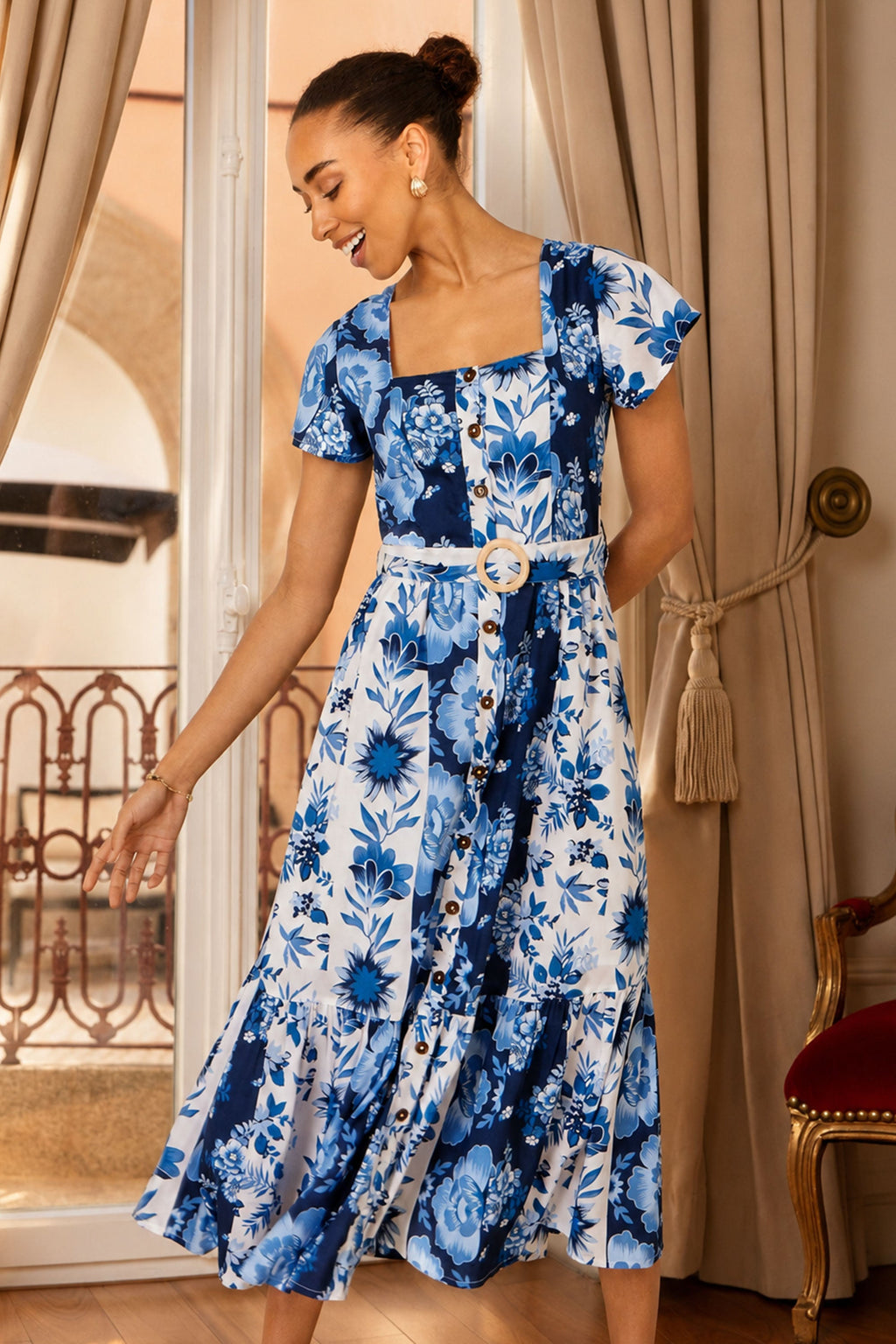 Yumi Blue Floral Viscose Midi Shirt Dress With Matching Belt