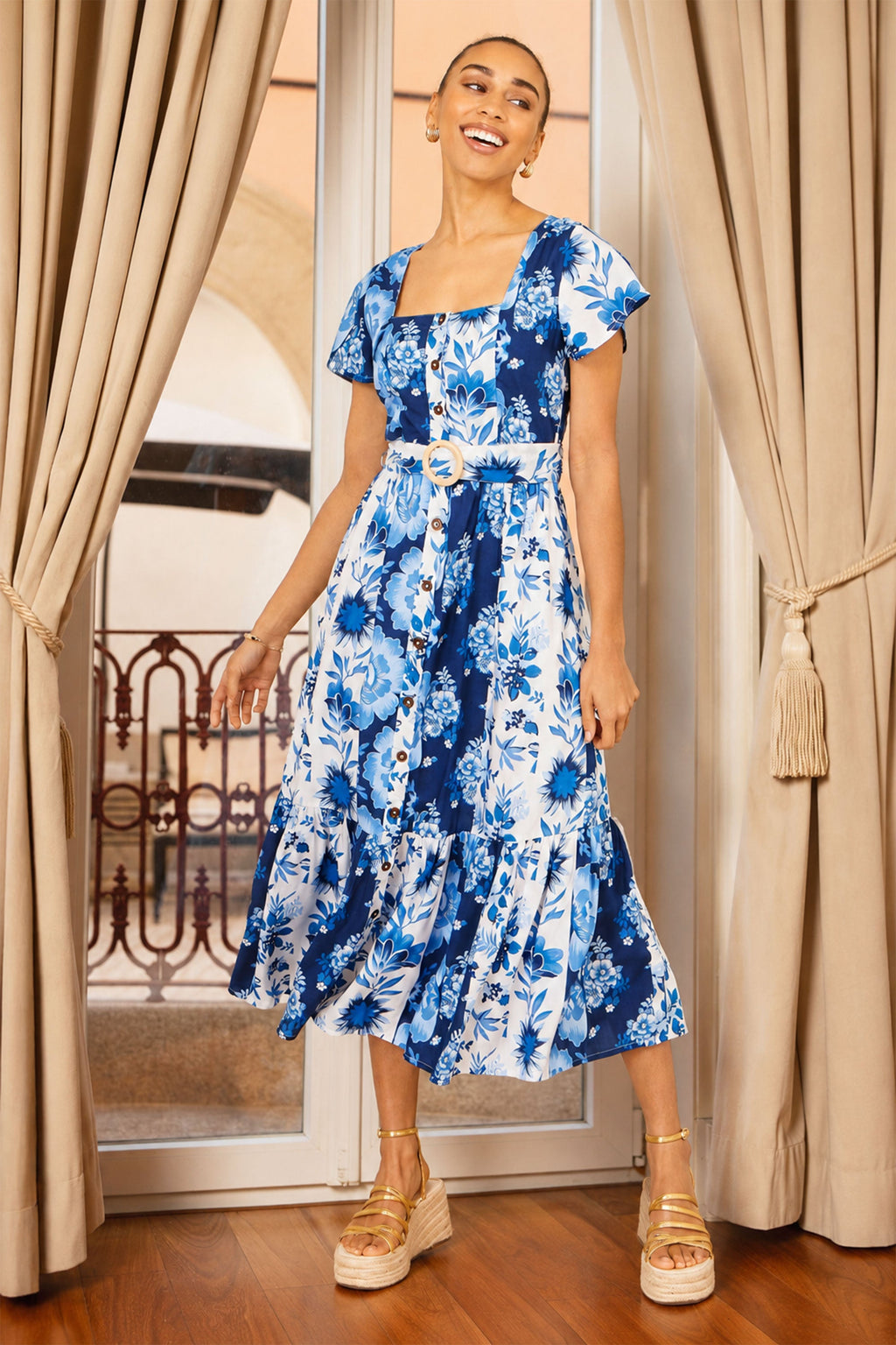 Yumi Blue Floral Viscose Midi Shirt Dress With Matching Belt