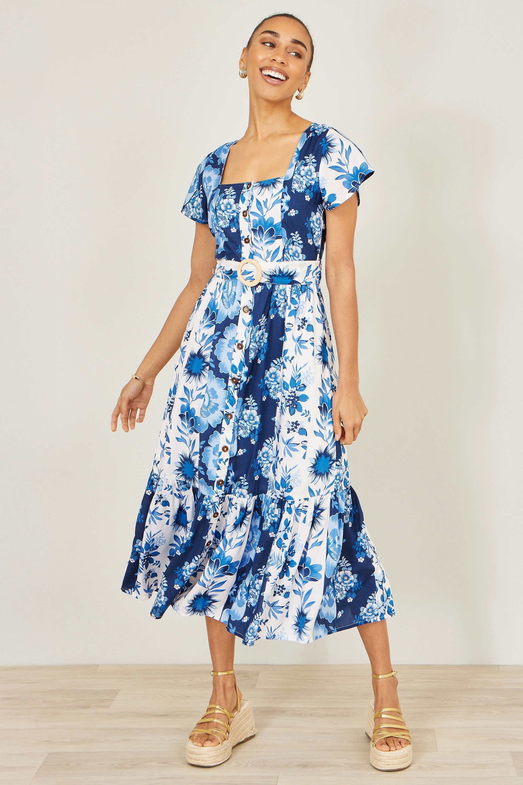 Yumi Blue Floral Viscose Midi Shirt Dress With Matching Belt