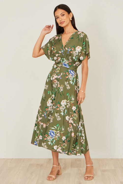 Yumi Sage Green Viscose Floral Print Midi Dress With Ruched Waist