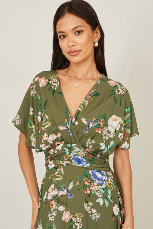 Yumi Sage Green Viscose Floral Print Midi Dress With Ruched Waist