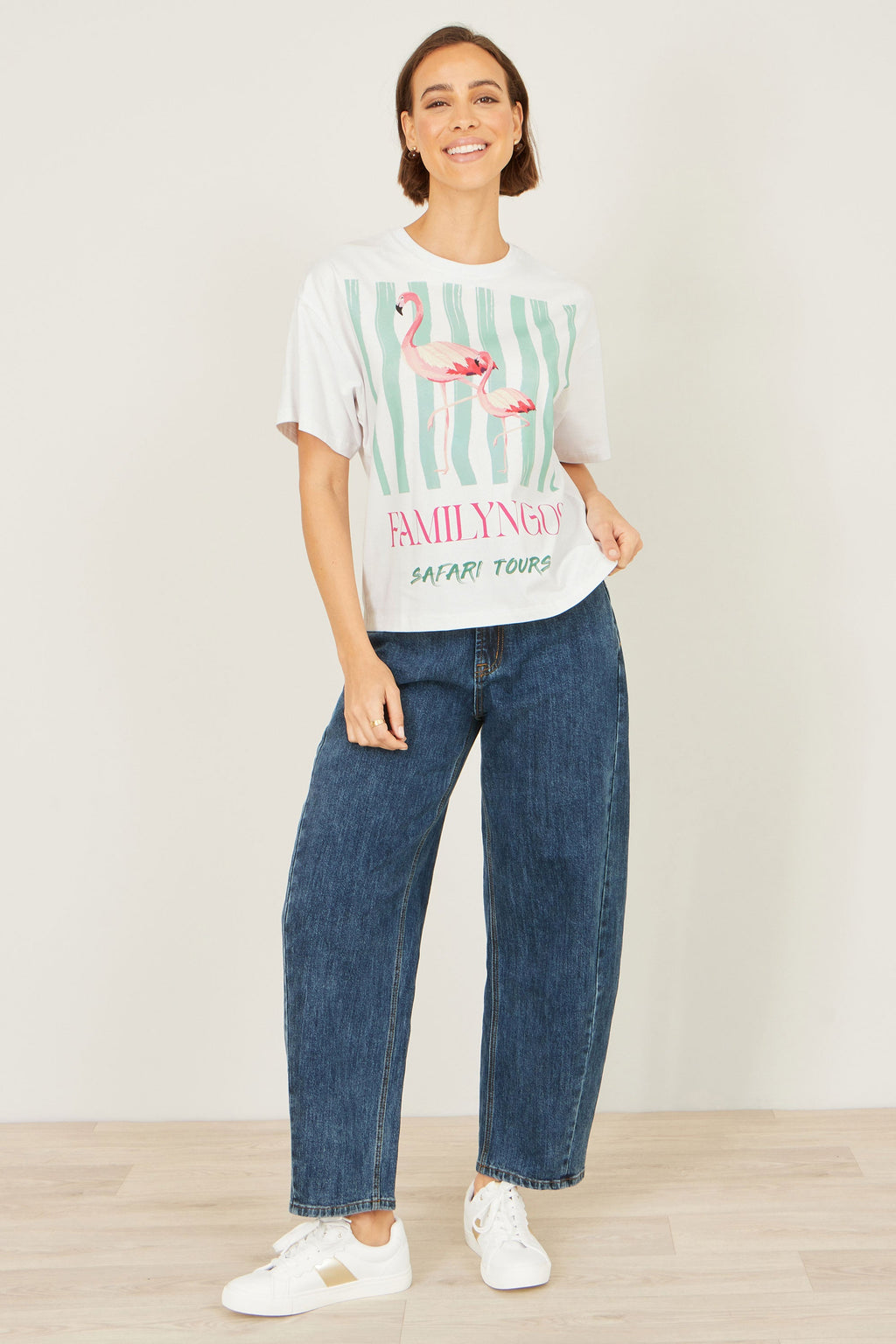 Yumi White Retro Relaxed Flamingo Cotton T Shirt