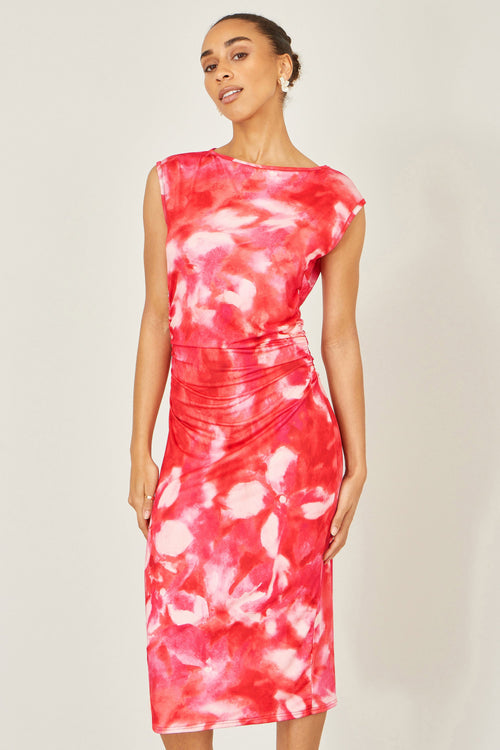 Yumi Red  Mesh Ruched Bodycon Midi Dress
