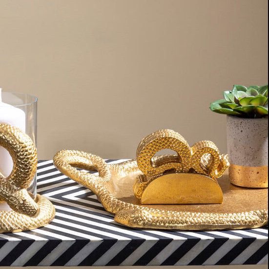Orsina Serpent Gold Coasters with Holder | Set of 4 Textured Metal