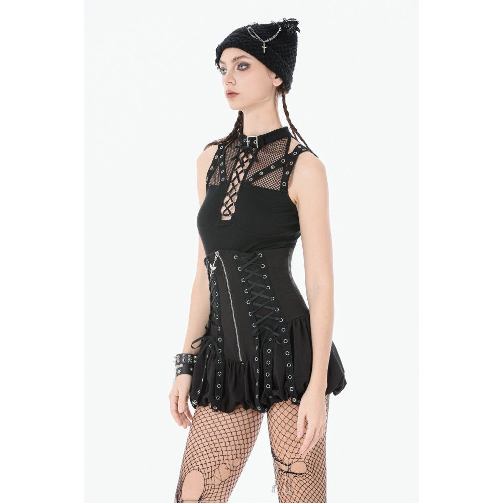 Dark in Love Ruth Gothic Mesh Sleeveless Top – Fishnet & Faux Leather