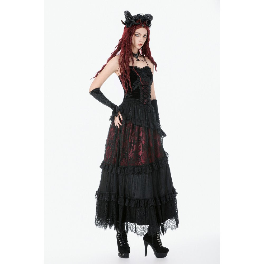 Dark in Love Gothic Black & Red Velvet Lace Corset with Straps