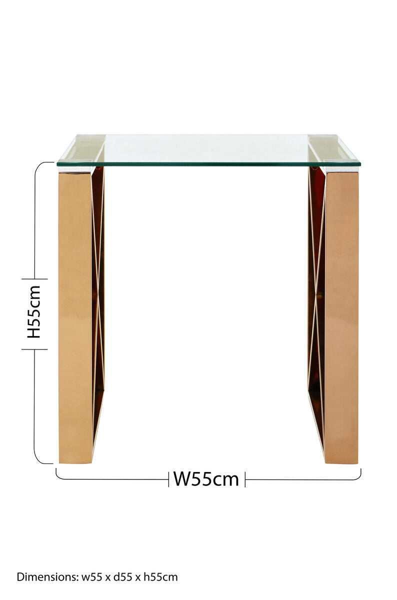 Orsina Allure Rose Gold End Table - Glass Top Stainless Steel Cross Legs