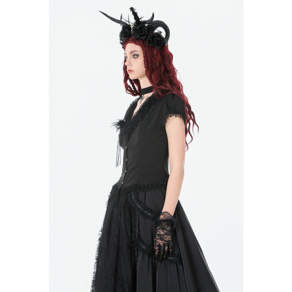 Dark in Love Courtly Cross Gem Gothic Blouse | Black Lace Puff Sleeve