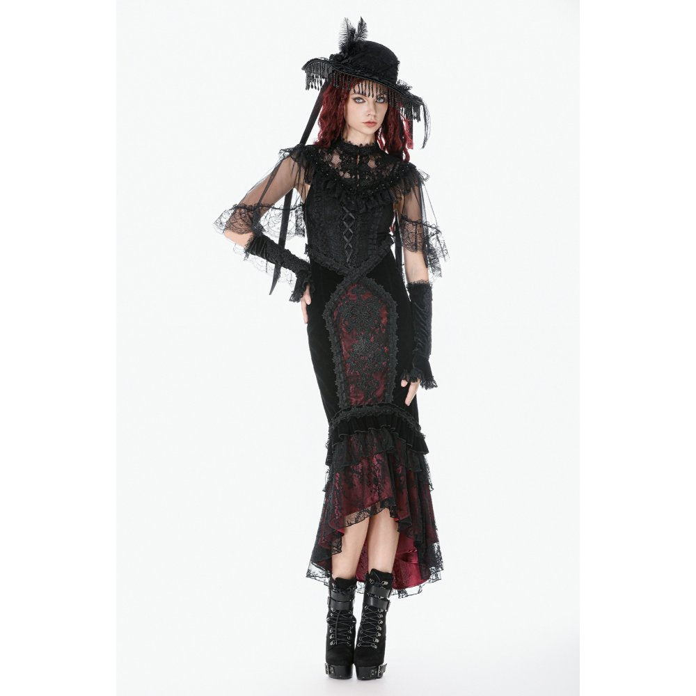 Dark in Love Gothic Velvet Mermaid Skirt – Elegant Red Lace Trim