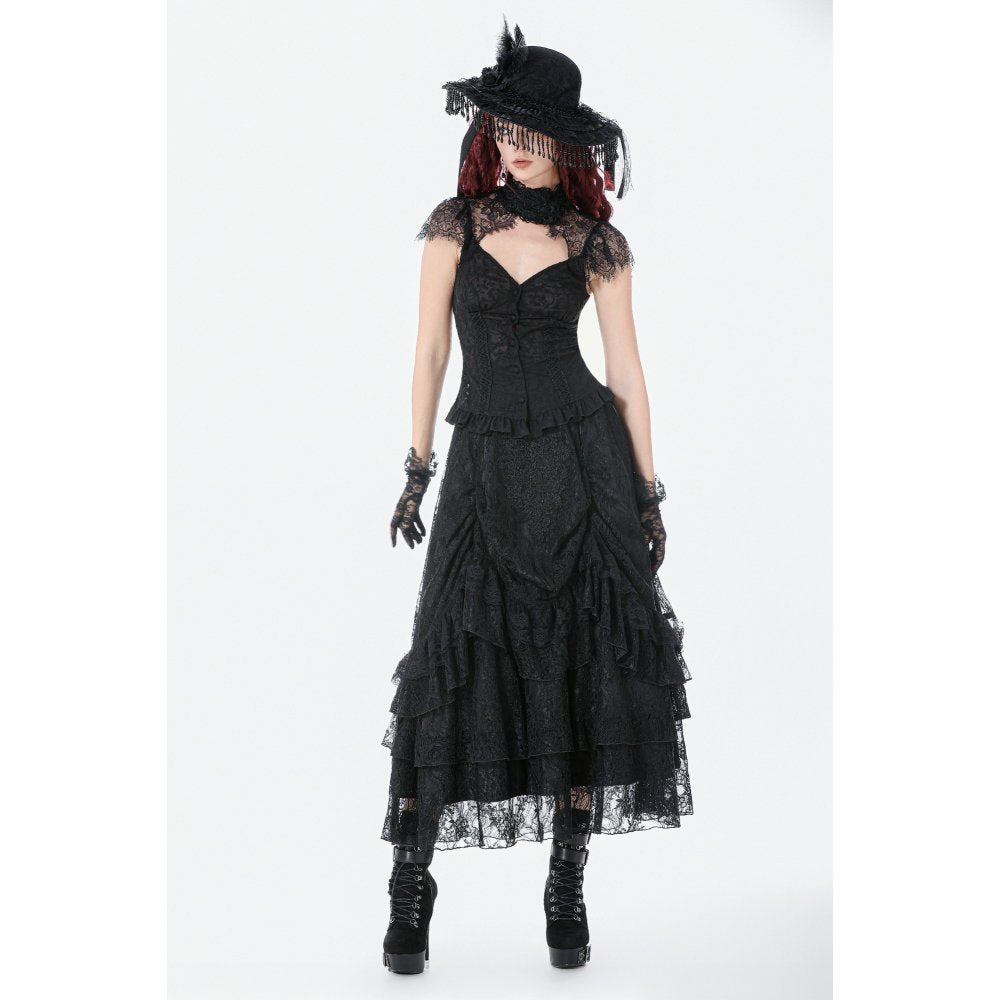 Dark in Love Vintage Gothic Lace Layered Maxi Skirt - Black Victorian