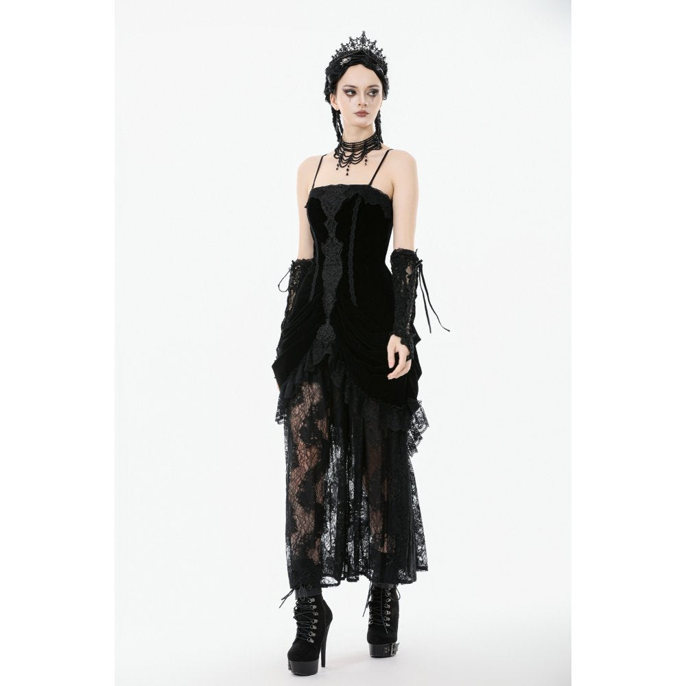 Dark in Love Vampiress Velvet and Lace Maxi Dress – Gothic Black