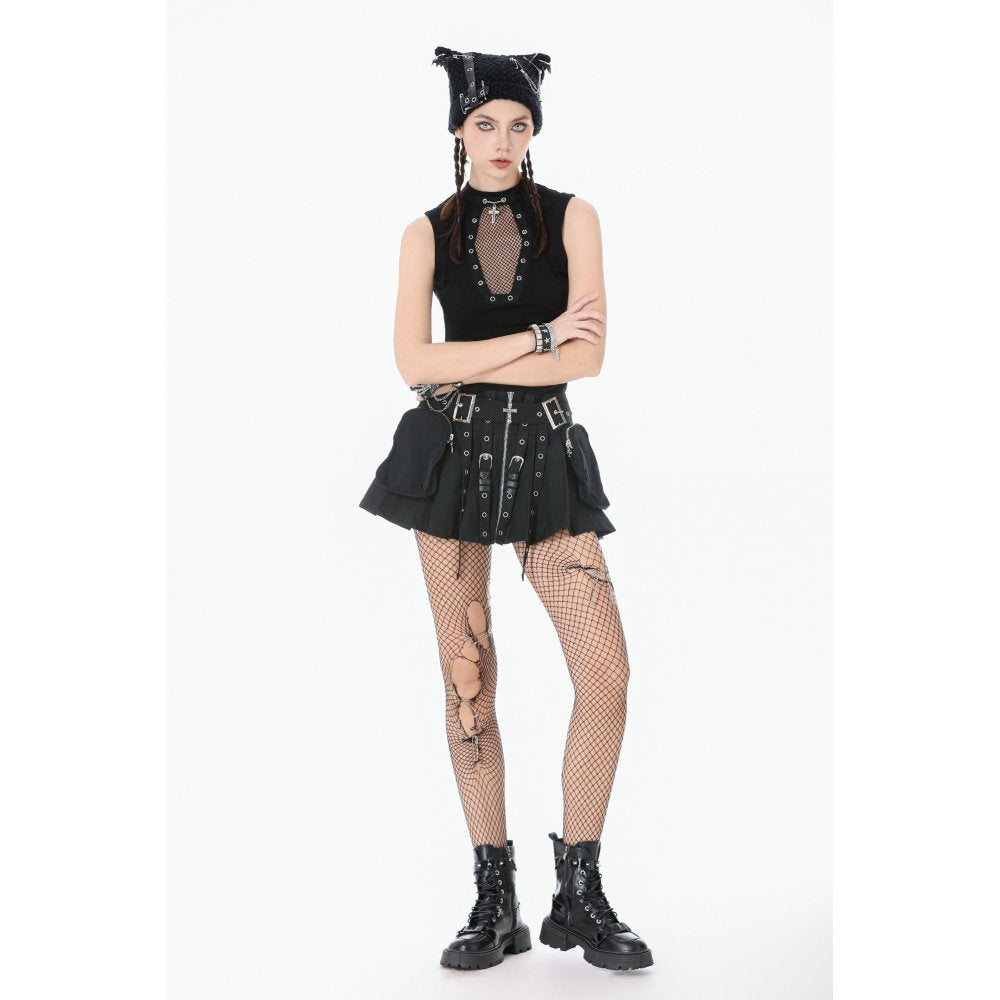 Dark in Love Punk Coffin Mesh Panel Top – Sleeveless Gothic Cotton Top