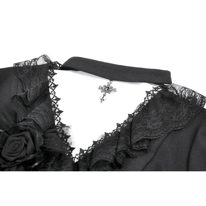 Dark in Love Courtly Cross Gem Gothic Blouse | Black Lace Puff Sleeve