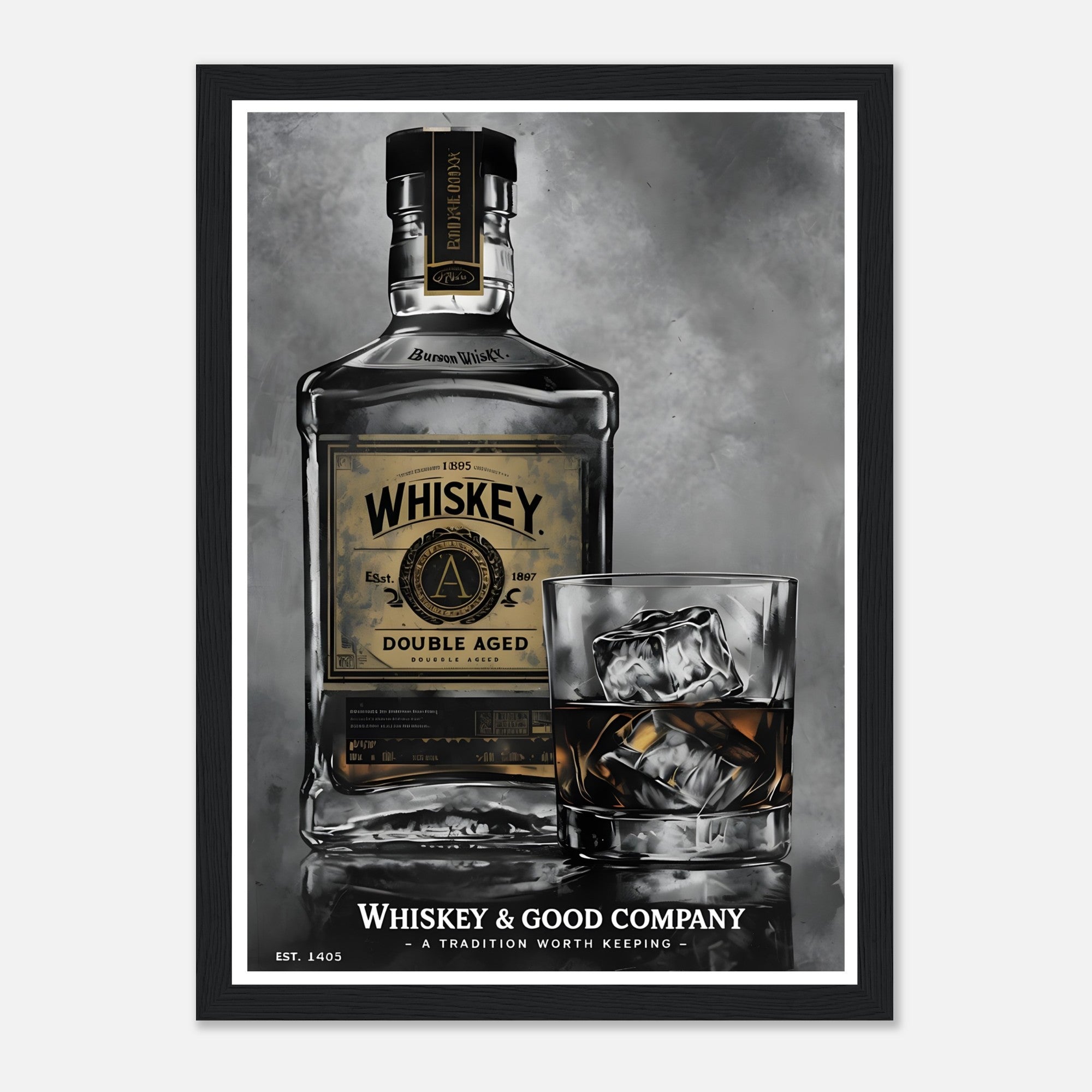 Noir Whiskey Bottle Framed Poster – Sophisticated Wall Art for Home Bars & Lounges