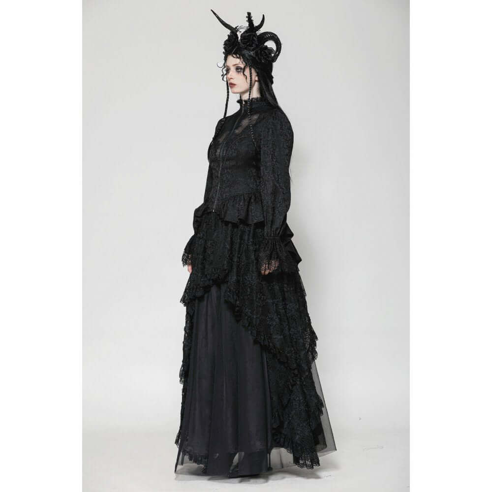 Dark in Love Felicity Gothic Lace Zip Up Tailcoat Shirt – Black