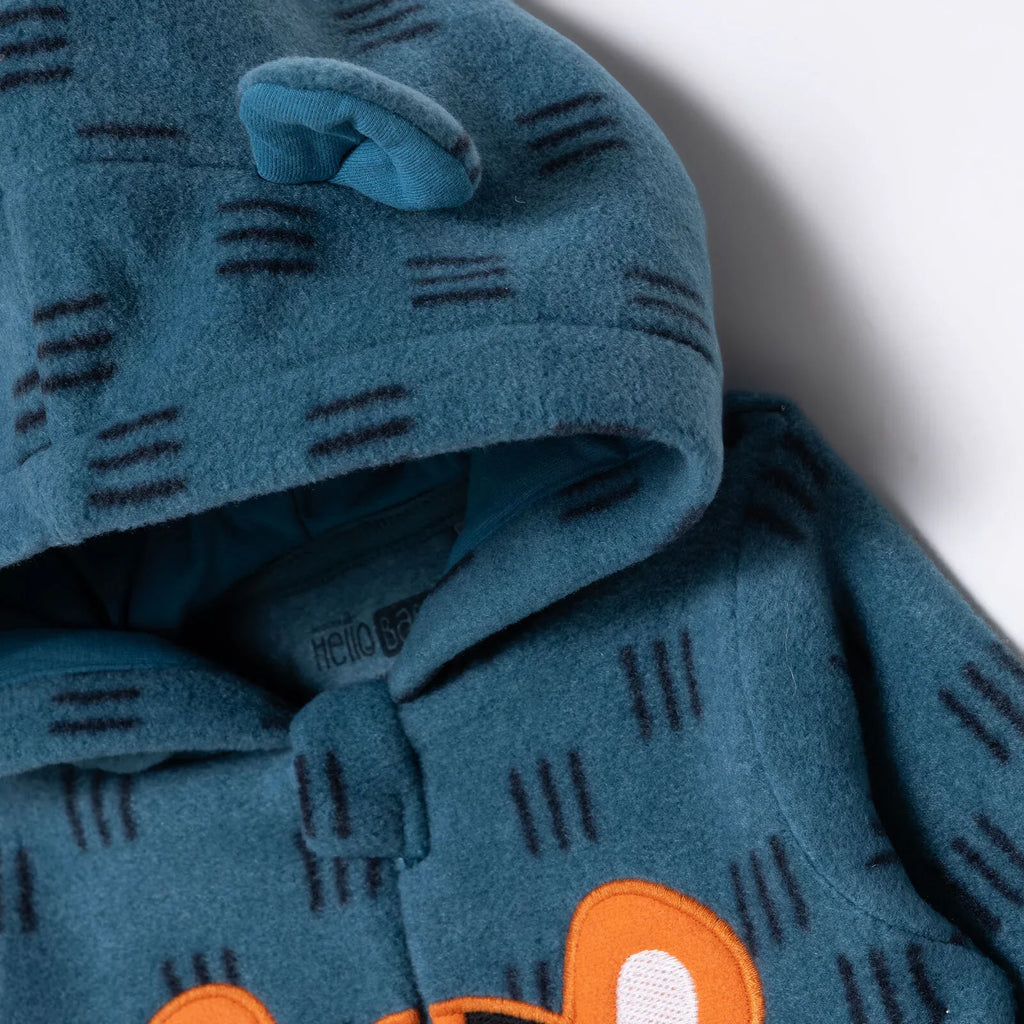 Baby Boy Fleece Footed Sleepsuit Animal Print Zip Fastening Hooded - Petrol Printed