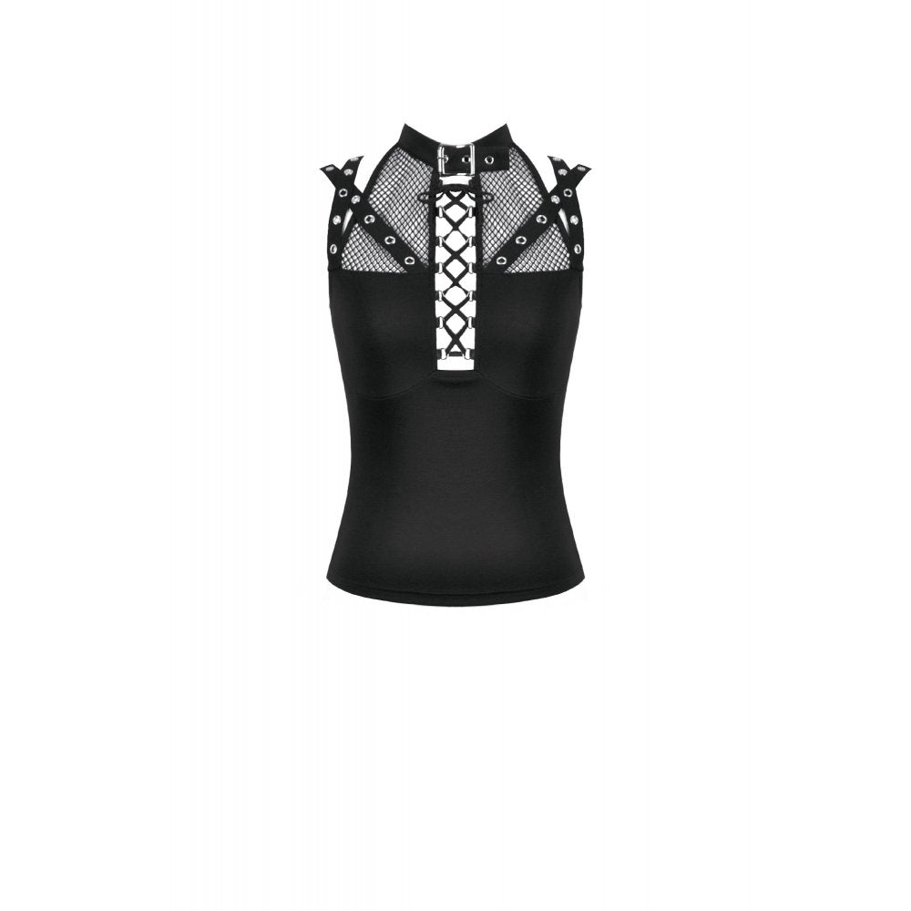 Dark in Love Ruth Gothic Mesh Sleeveless Top – Fishnet & Faux Leather