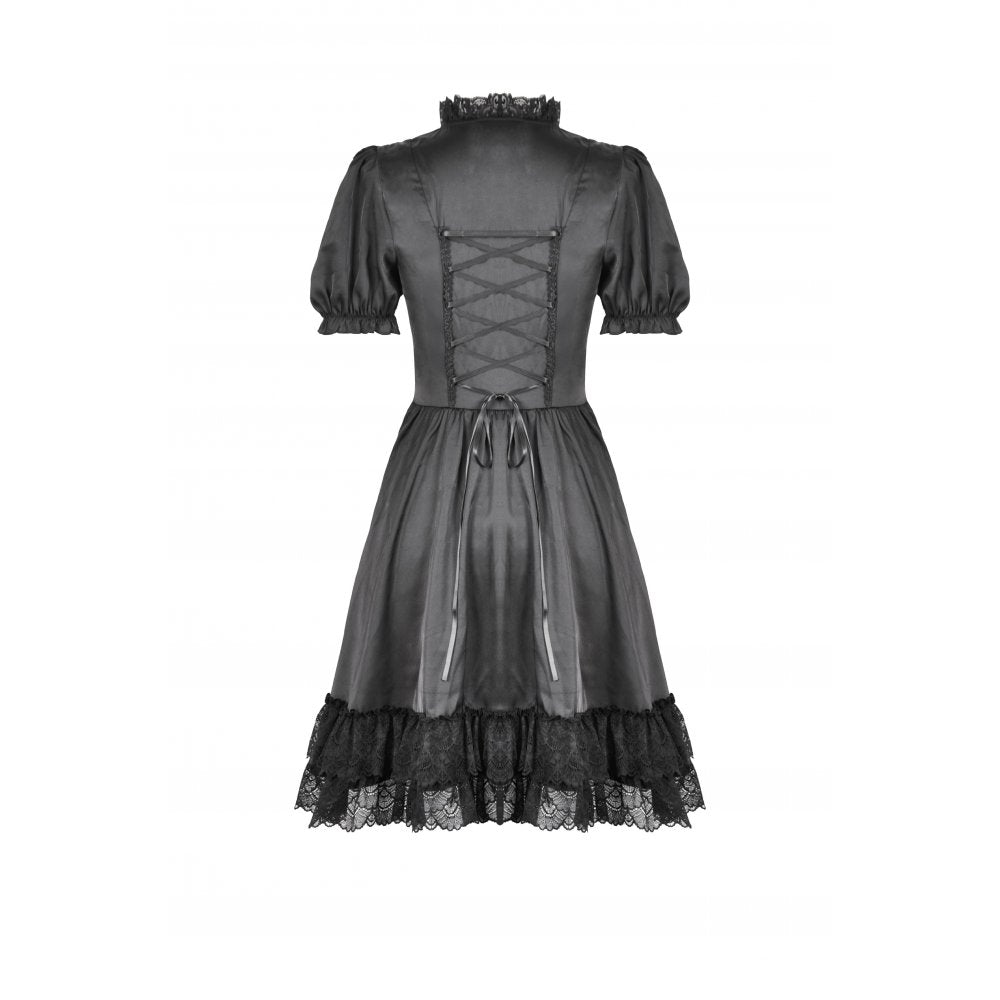 Dark in Love Belladonna Goth Dress – Black Lace-Up Puff Sleeve