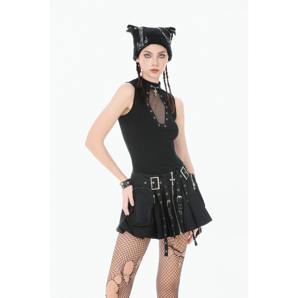 Dark in Love Metal Tactical Punk Mini Skirt with Buckle Straps - Black