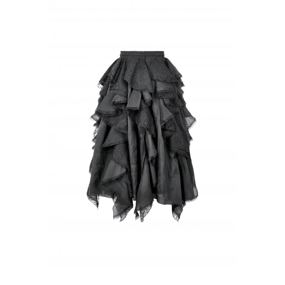 Dark in Love Morrigan Ruffled Goth Midi Skirt - Black Lace Asymmetric