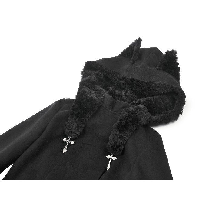 Dark in Love Cat-Ear Faux Fur Trim Gothic A-Line Skater Coat